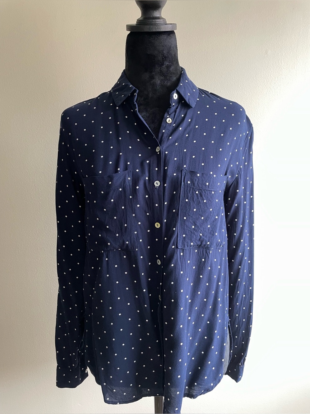 Stradivarius Navy Polka Dot Button Down Blouse Size Small